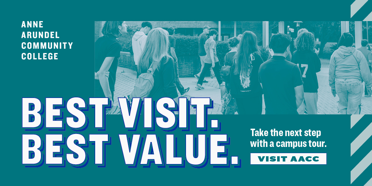 Students walking across AACC's campus. Words read 