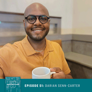 Headshot of Darian Senn-Carter holding a mug with Redefine U logo.