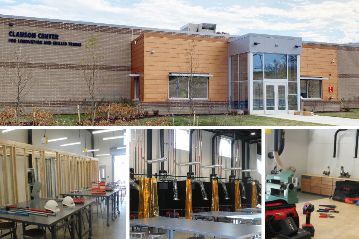 Collage of Clauson Center, including images of exterior and equipment and work stations inside the building of building and