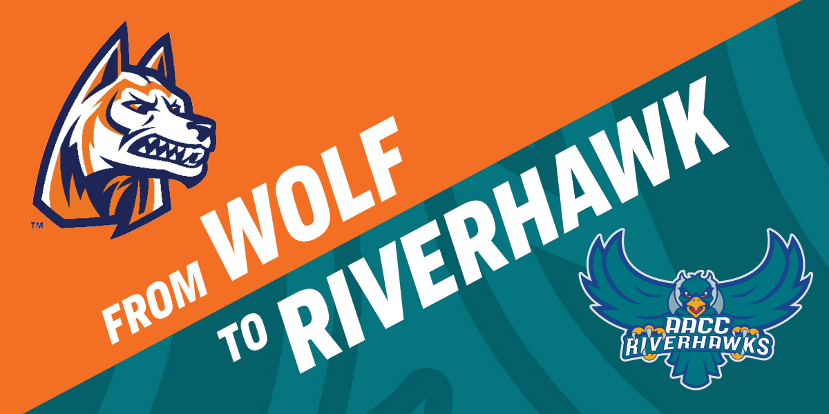 Graphic that says From Wolf to Riverhawk with images of wolf and riverhawk mascots