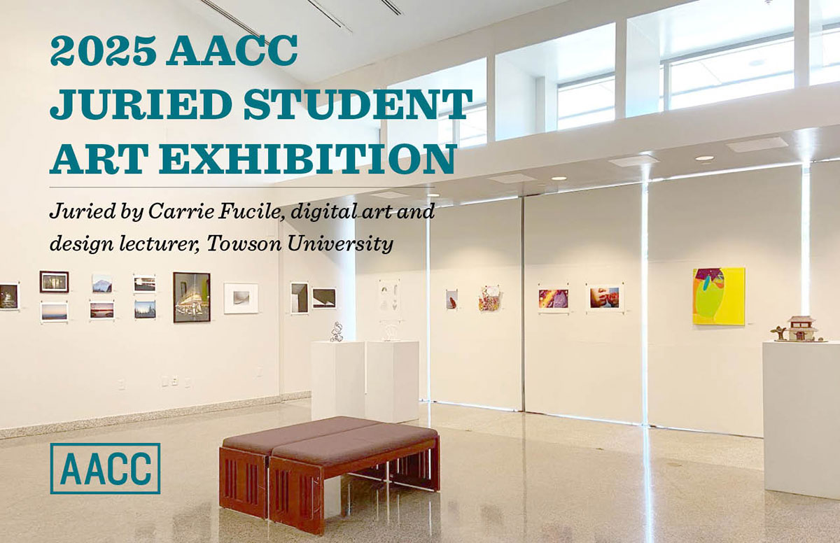 Gallery room with art on walls. Text reads 2025 AACC Juried Student Art Exhibition.