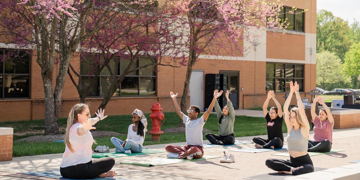Students taking a yoga class outdoors underneath cherry blossoms.