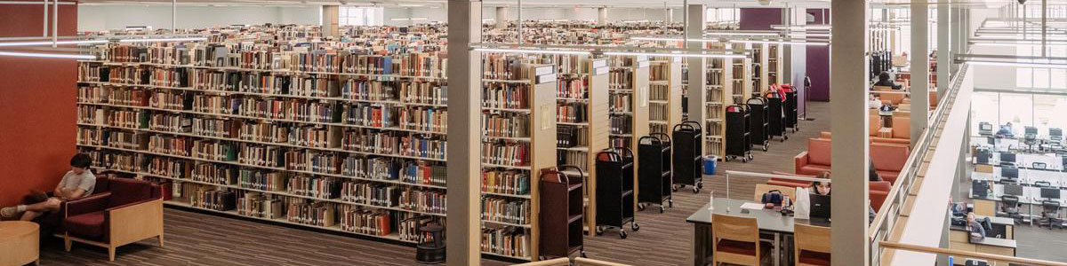 Student in chair working next to shelves of books.