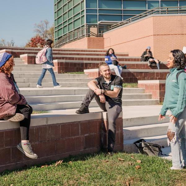 Group of students talking to one another outside in amphitheater.
